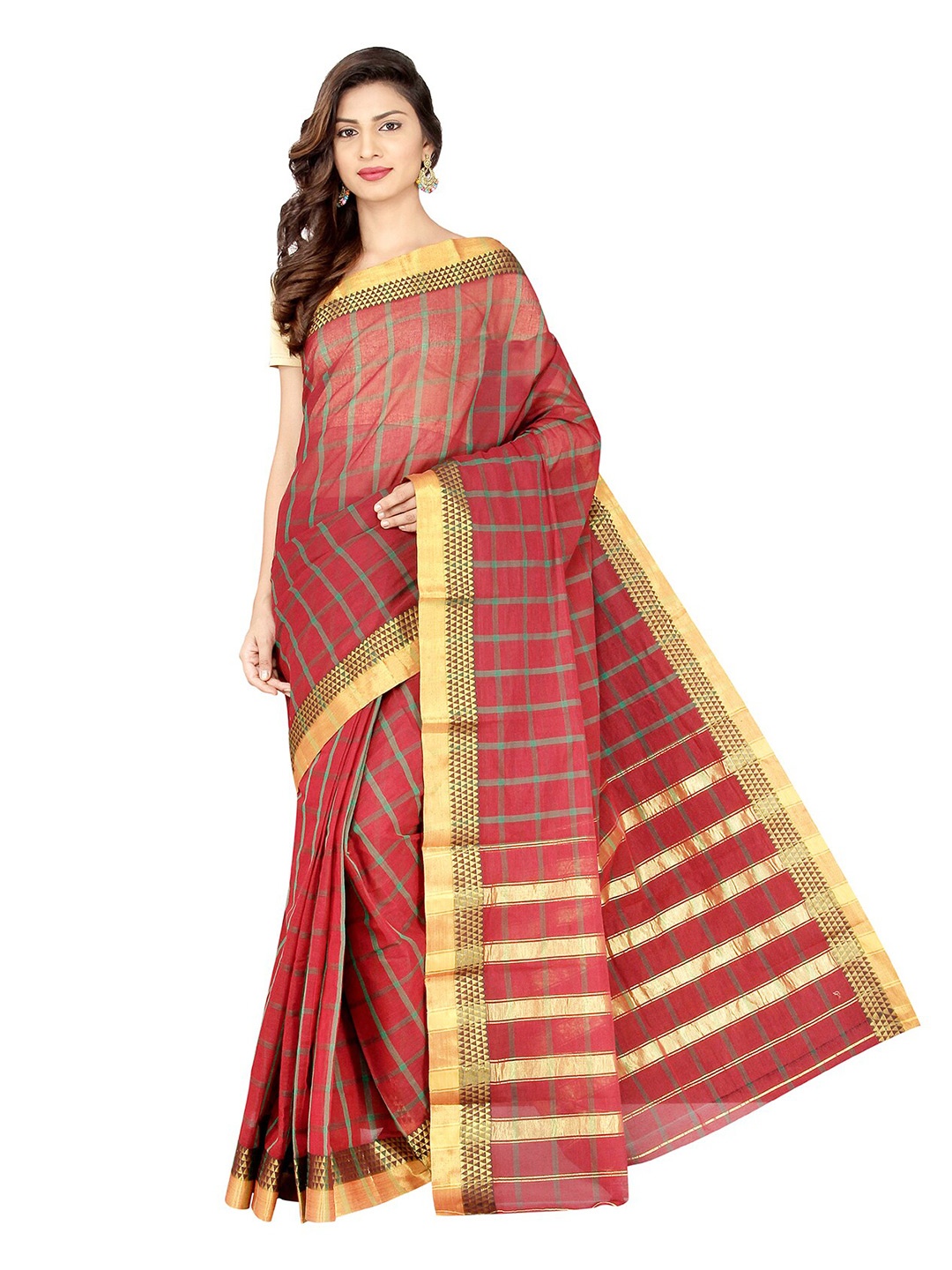 

KALINI Maroon & Golden Checked Zari Pure Cotton Venkatgiri Saree