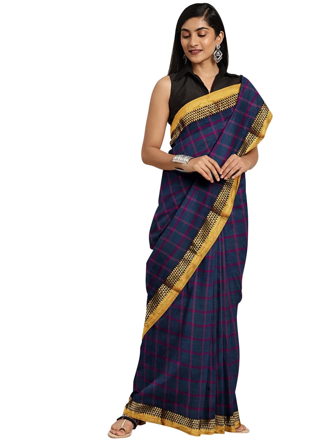 

KALINI Purple & Pink Checked Zari Pure Cotton Venkatgiri Saree