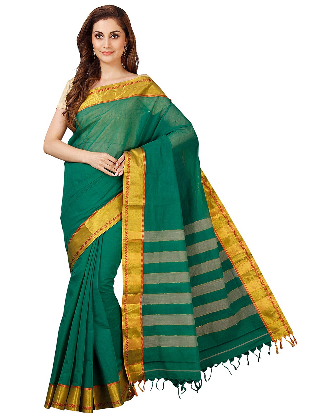 

KALINI Green & Golden Zari Pure Cotton Venkatgiri Saree