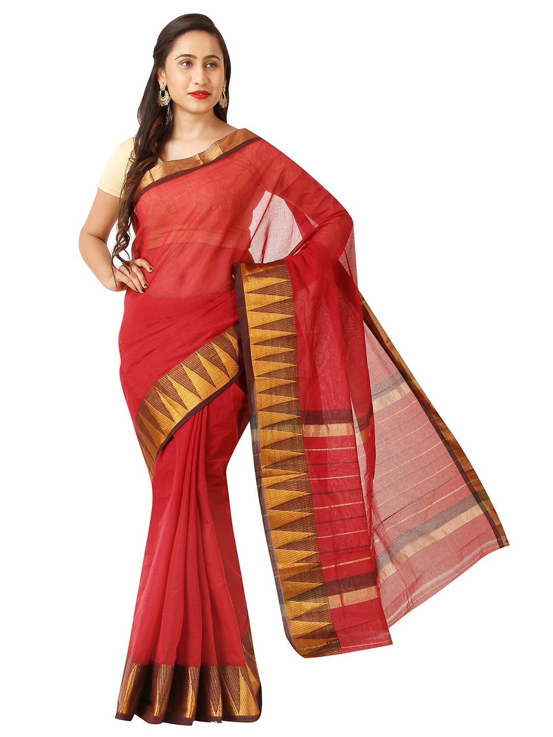 

KALINI Red & Gold-Toned Zari Pure Cotton Venkatgiri Saree