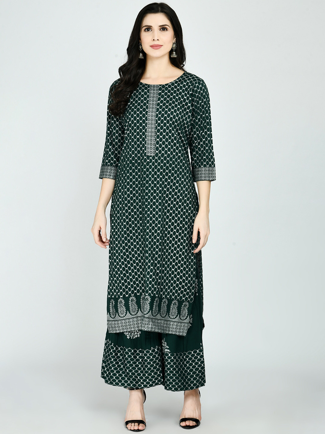 

KALINI Women Green & White Ethnic Motifs Printed Kurta with Palazzos