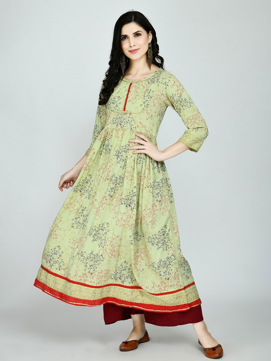 

KALINI Woman Green & Yellow Floral Printed Pleated Anarkali Kurti