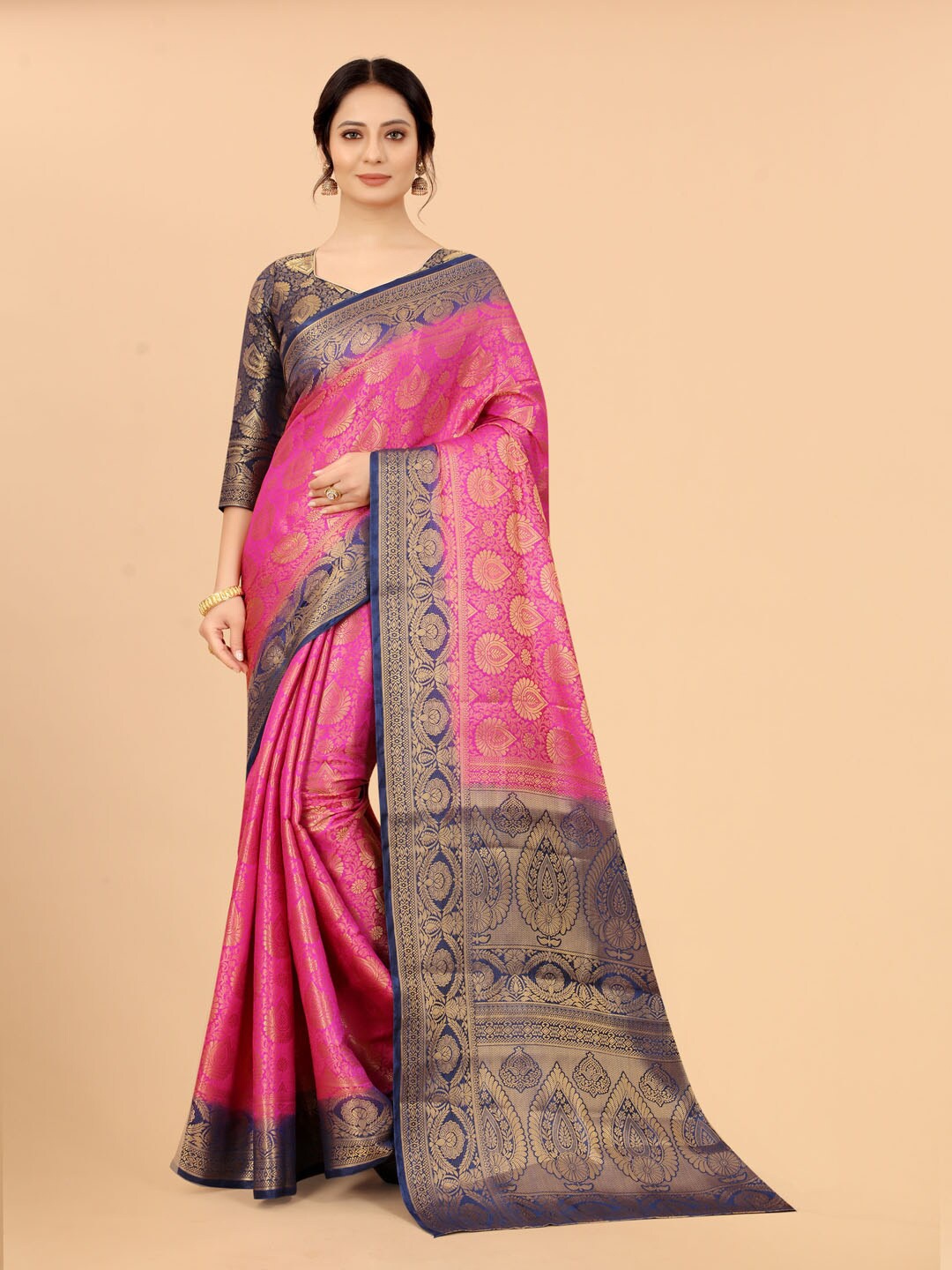 

SATYAM WEAVES Pink & Navy Blue Ethnic Motifs Zari Banarasi Saree