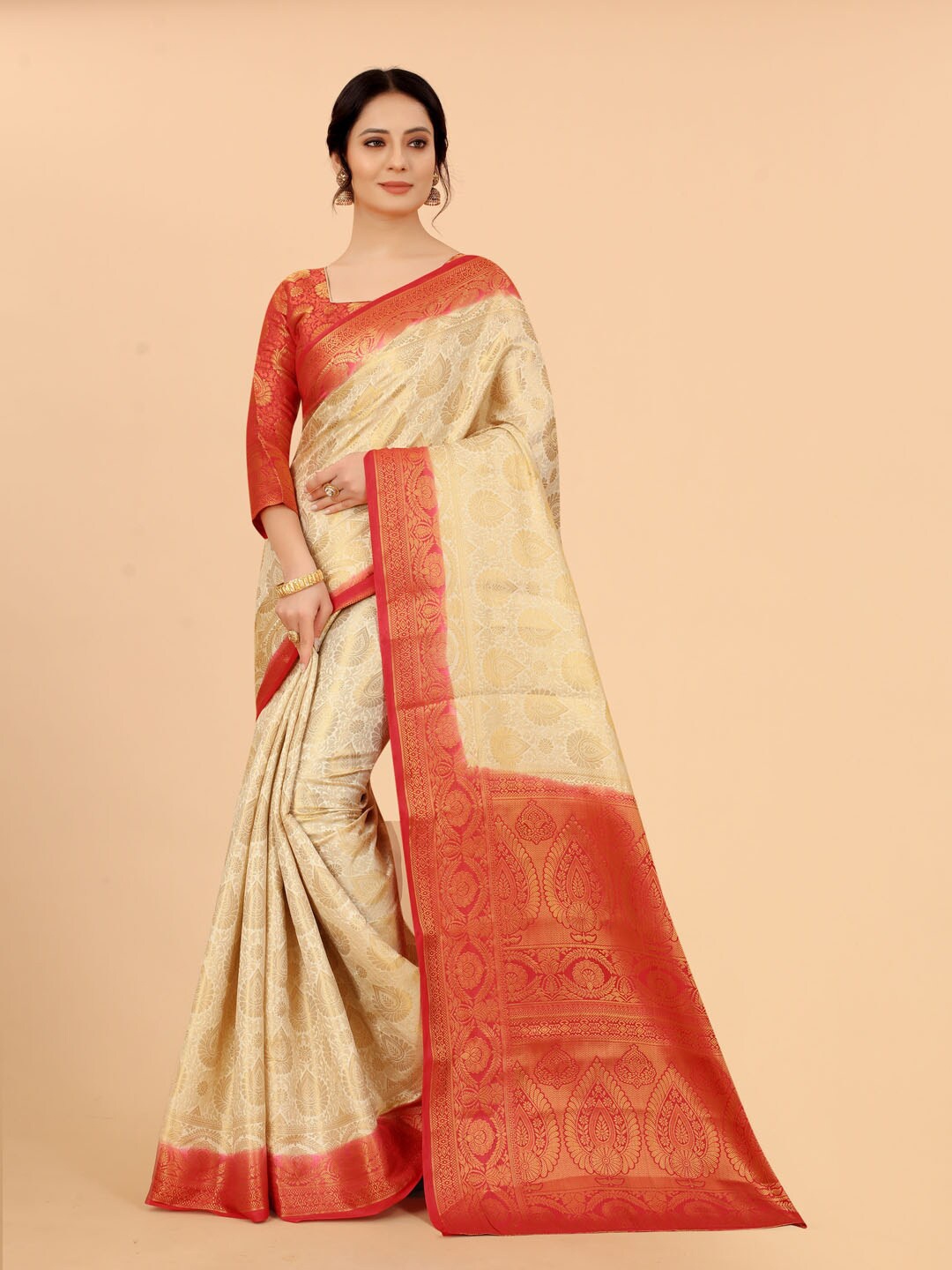 

SATYAM WEAVES Beige & Red Ethnic Motifs Zari Banarasi Saree