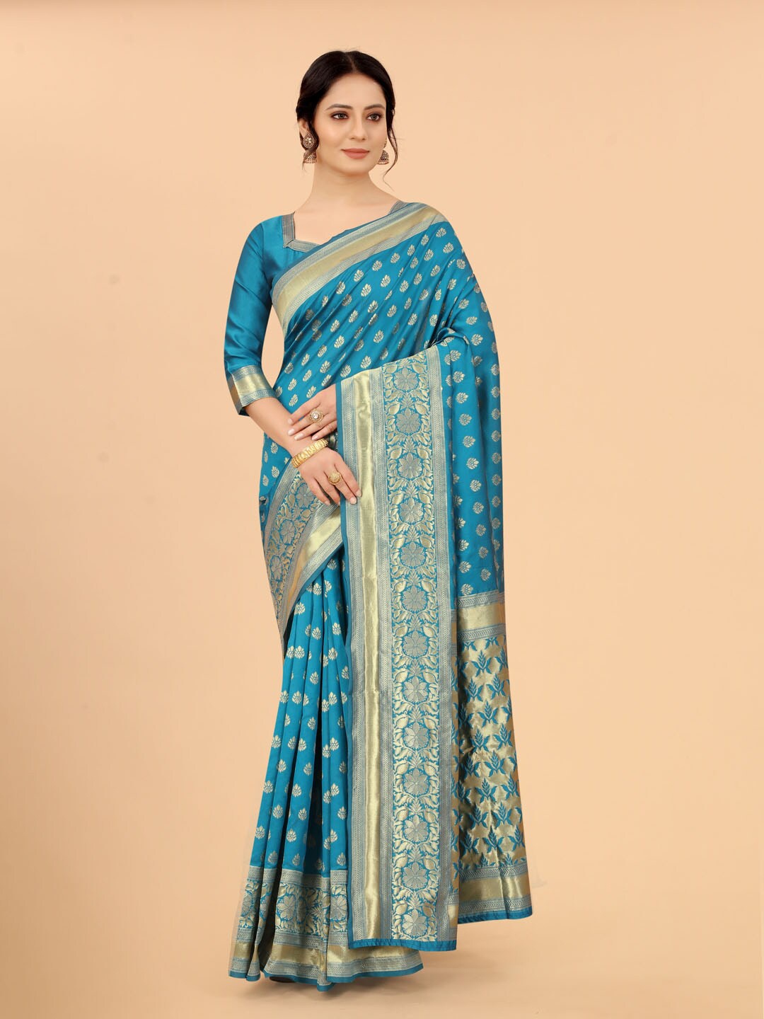

SATYAM WEAVES Blue & Gold-Toned Woven Design Zari Silk Cotton Banarasi Saree