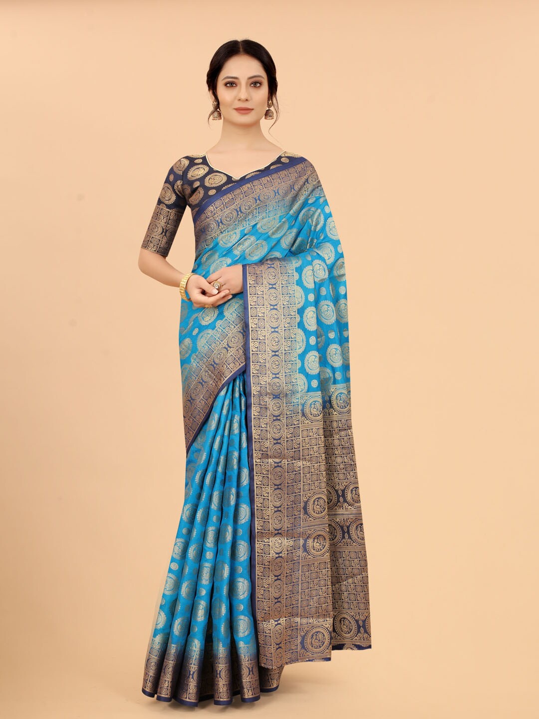 

SATYAM WEAVES Blue & Gold-Toned Ethnic Motifs Zari Banarasi Saree