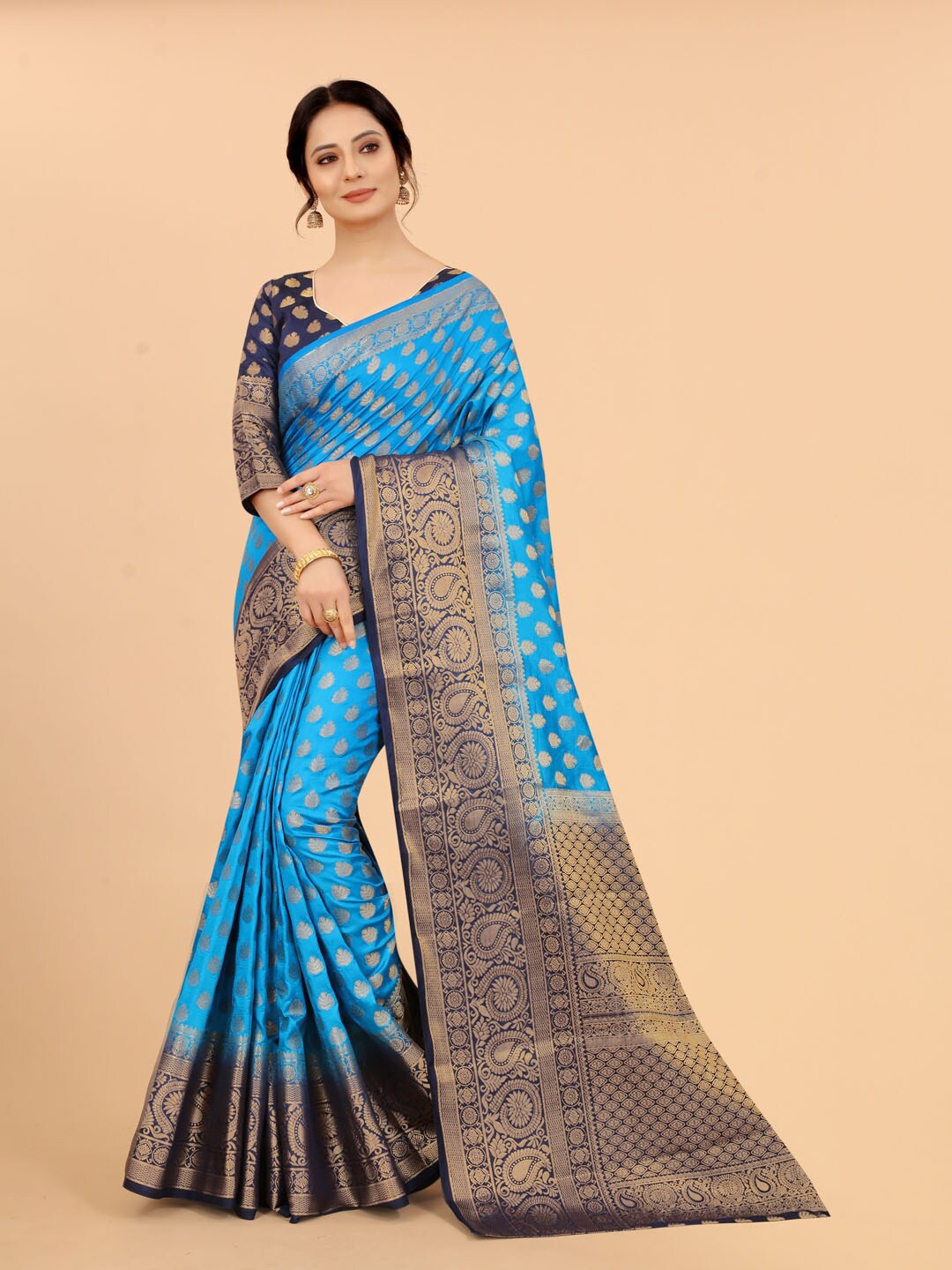 

SATYAM WEAVES Blue & Gold-Toned Woven Design Zari Silk Cotton Banarasi Saree