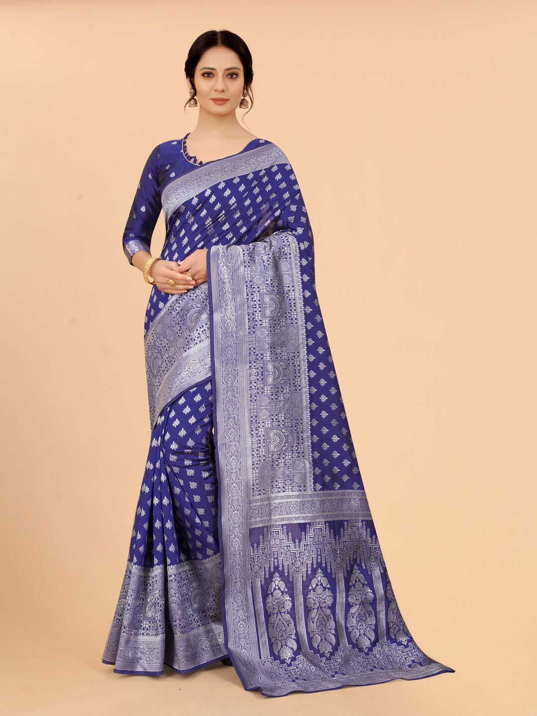 

SATYAM WEAVES Blue & Silver-Toned Woven Design Zari Silk Cotton Banarasi Saree