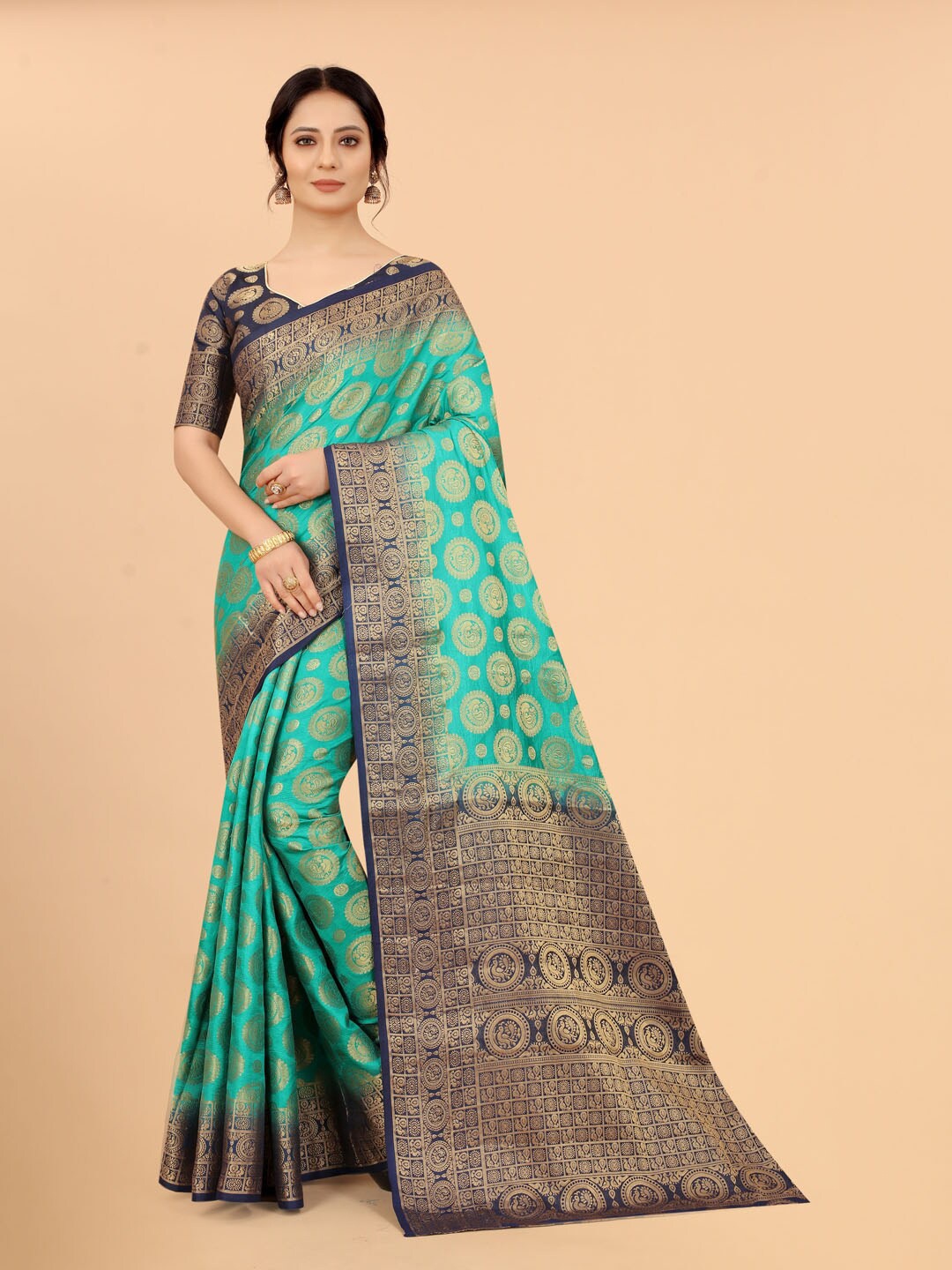 

SATYAM WEAVES Green & Blue Woven Design Zari Silk Cotton Banarasi Saree