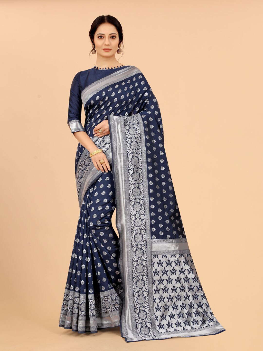 

SATYAM WEAVES Navy Blue & Silver-Toned Ethnic Motifs Zari Banarasi Saree