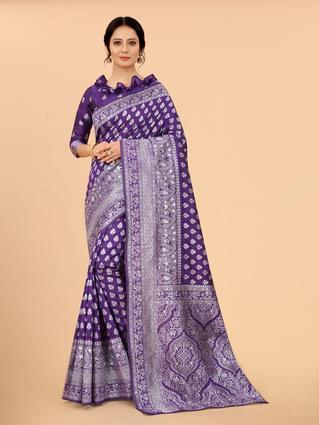 

SATYAM WEAVES Purple & Silver-Toned Woven Design Zari Silk Cotton Banarasi Saree