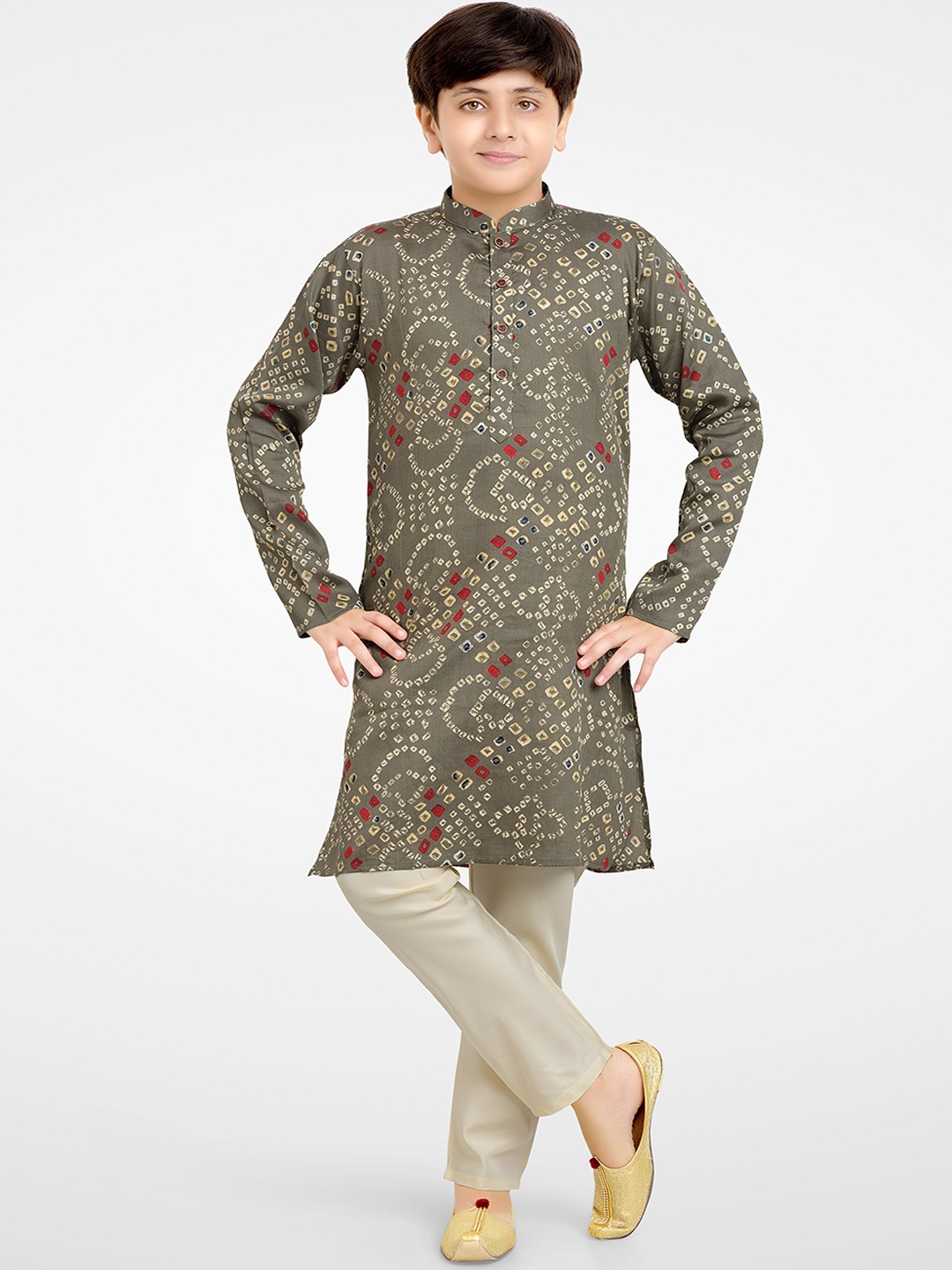 

Jeetethnics Boys Grey & Cream Bandhani Printed Kurta with Pyjamas