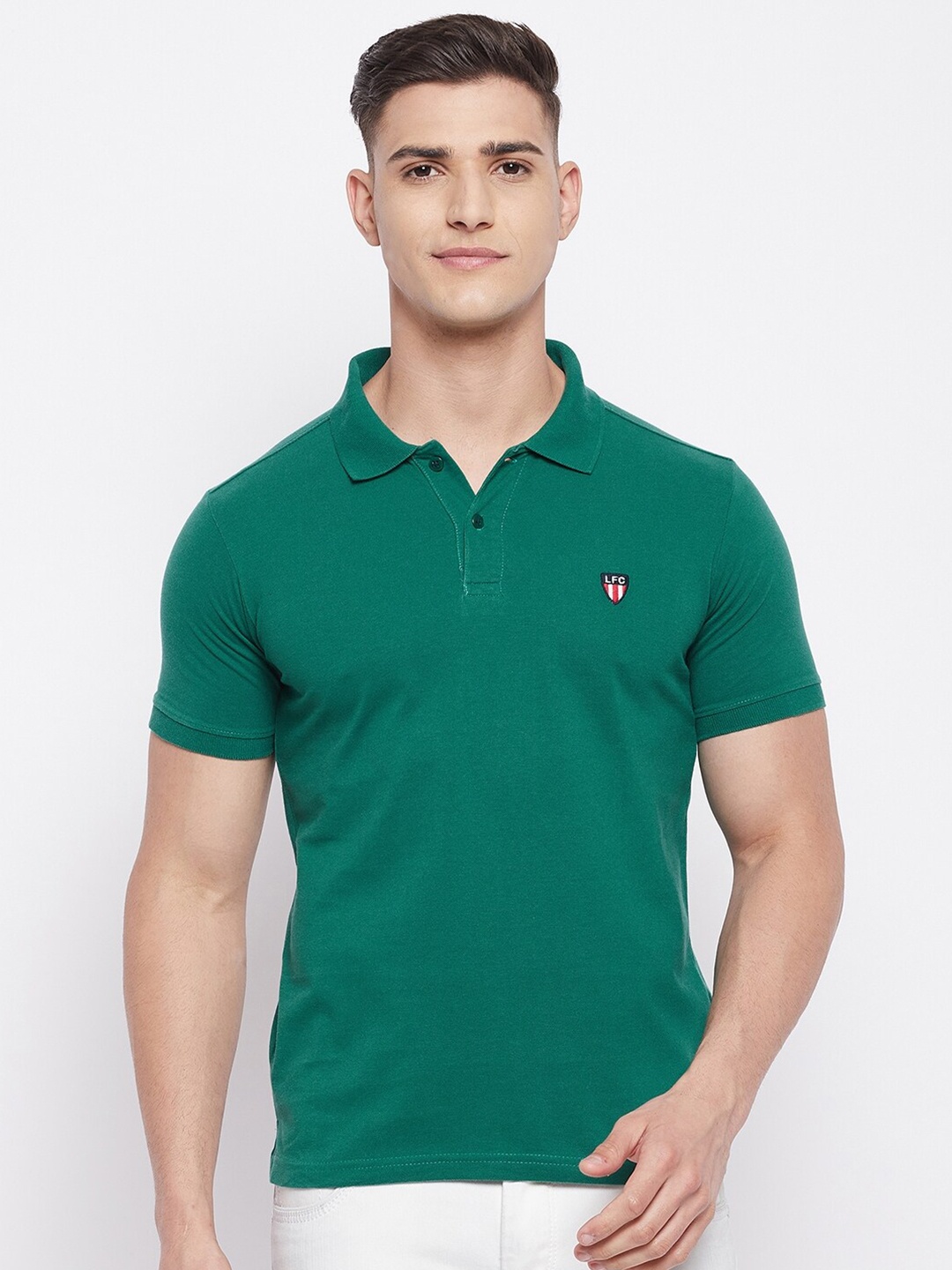 

NEVA Men Green Polo Collar Cotton T-shirt
