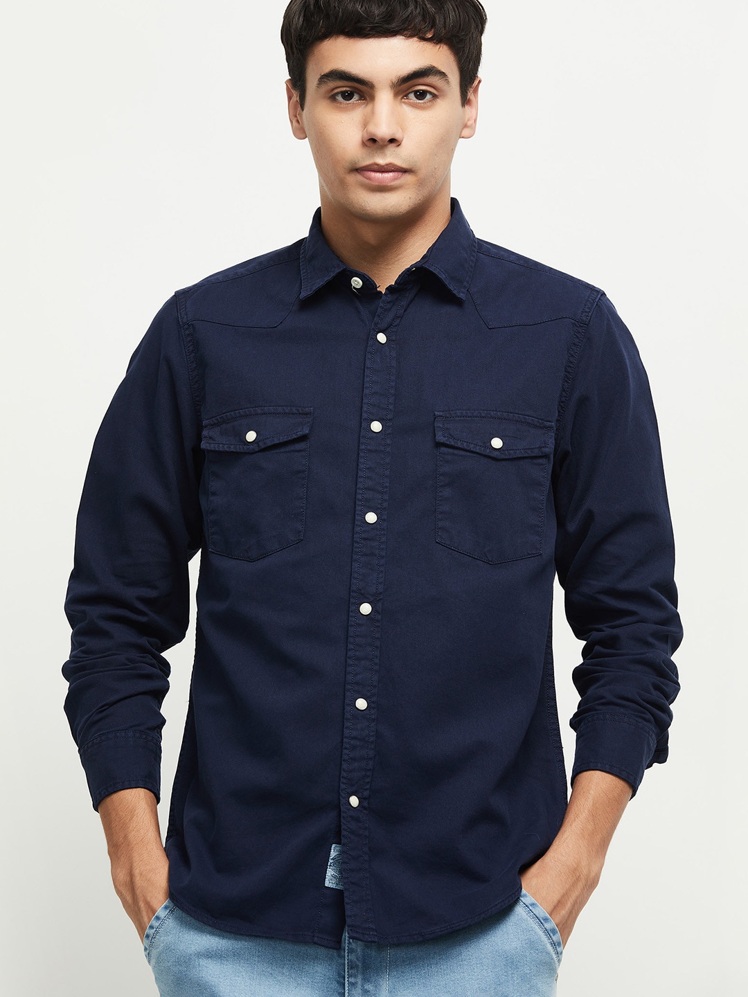 

max Men Navy Blue Solid Pure Cotton Casual Shirt