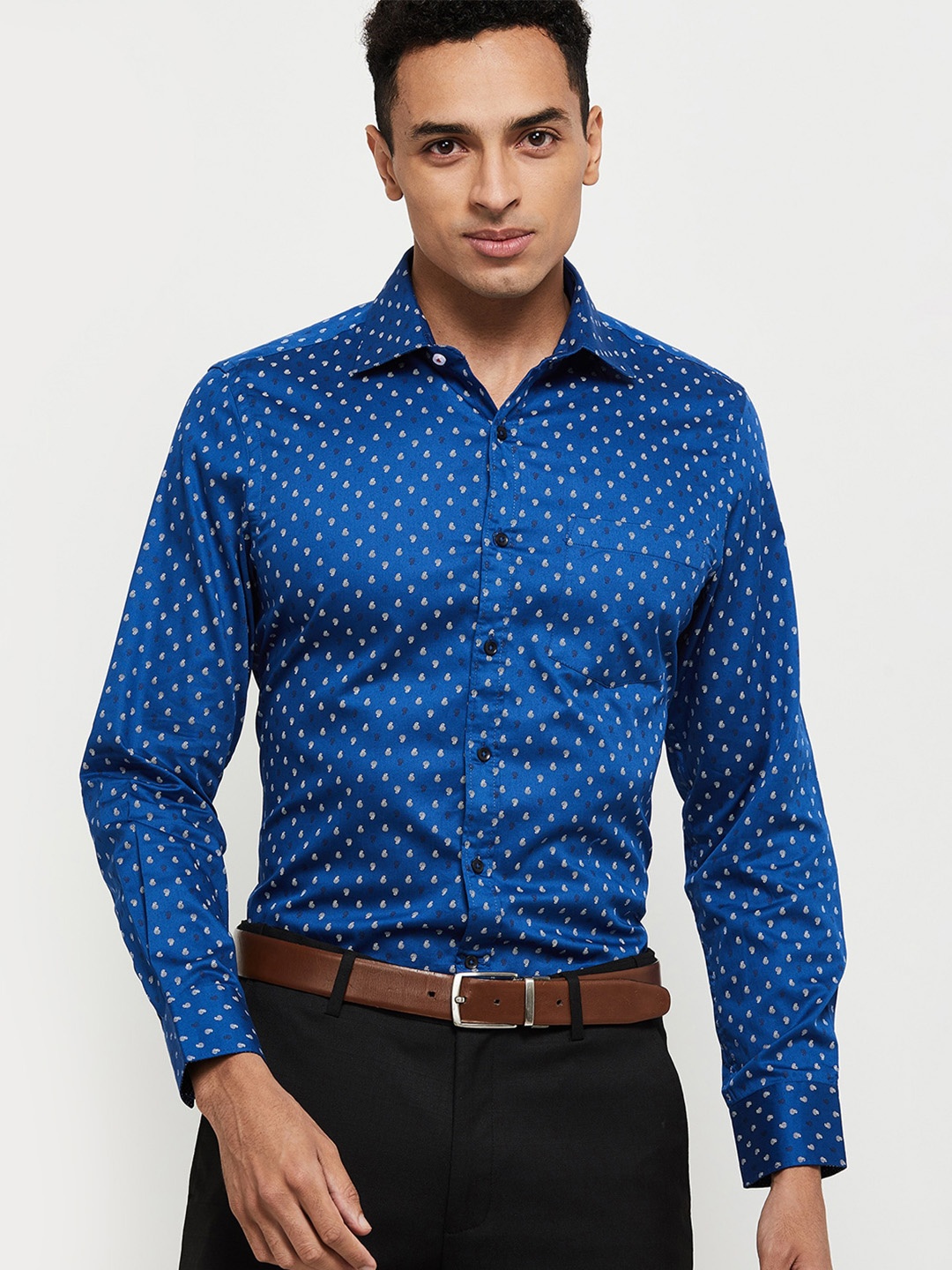 

max Men Blue Printed Pure Cotton Formal Shirt