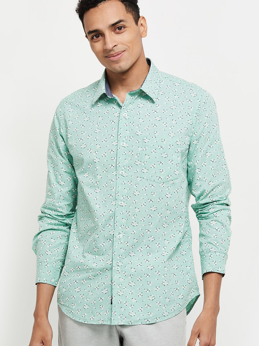 

max Men Sea Green Floral Printed Casual Shirt