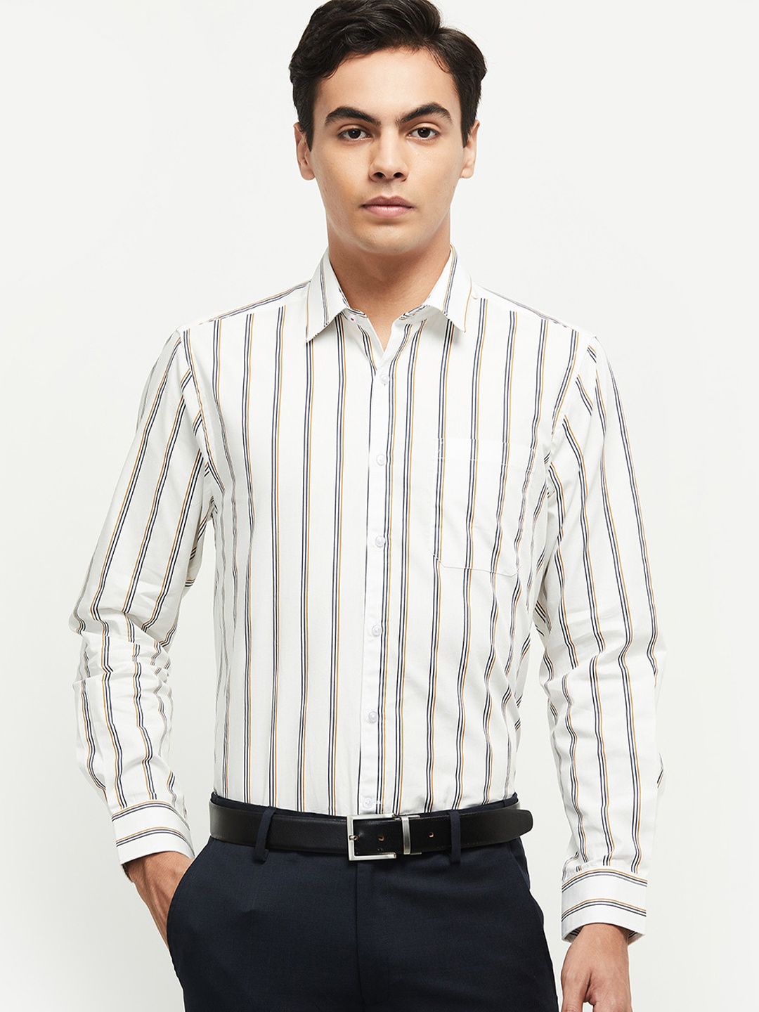 

max Men White Striped Cotton Casual Shirt