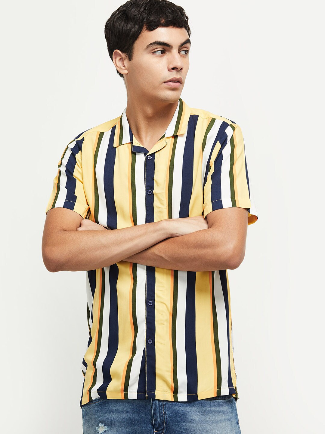

max Men Yellow Striped Casual Shirt