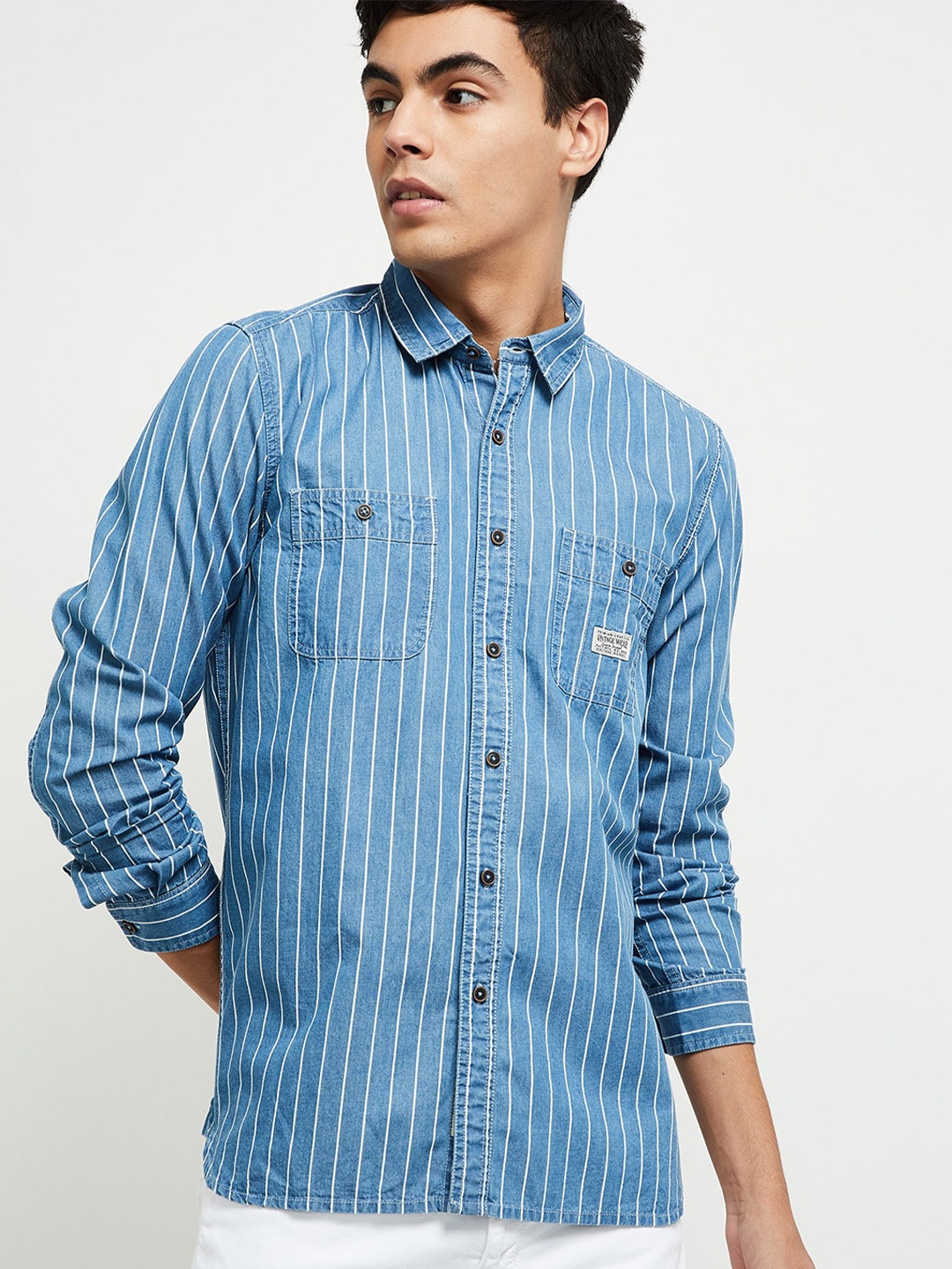 

max Men Blue Striped Pure Cotton Casual Shirt