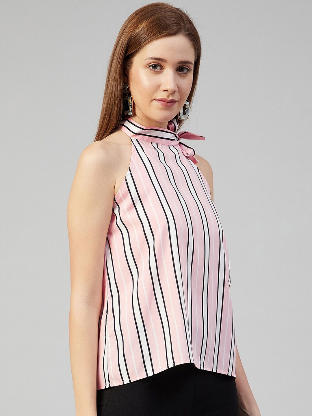 

CHIMPAAANZEE Pink & White Striped Halter Neck Top