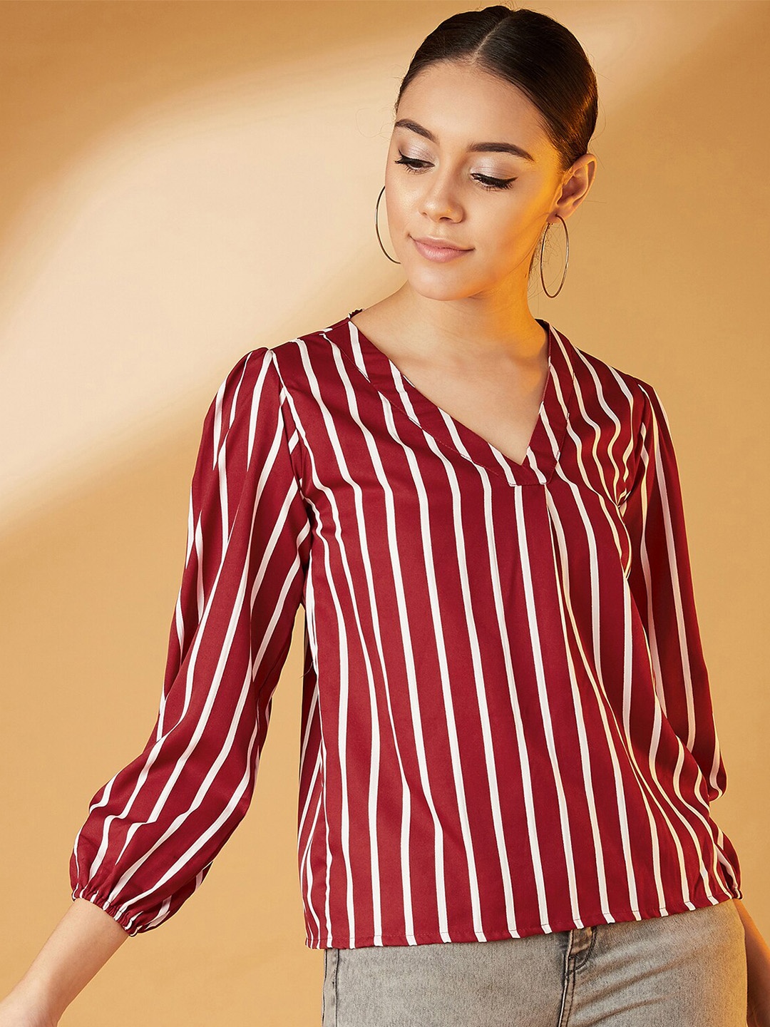 

CHIMPAAANZEE Maroon & White Striped Regular Top