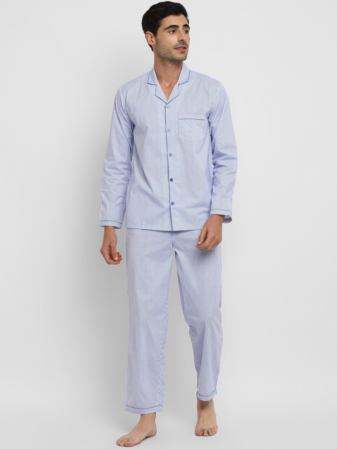 

shopbloom Men White Striped Pure Cotton Night suit