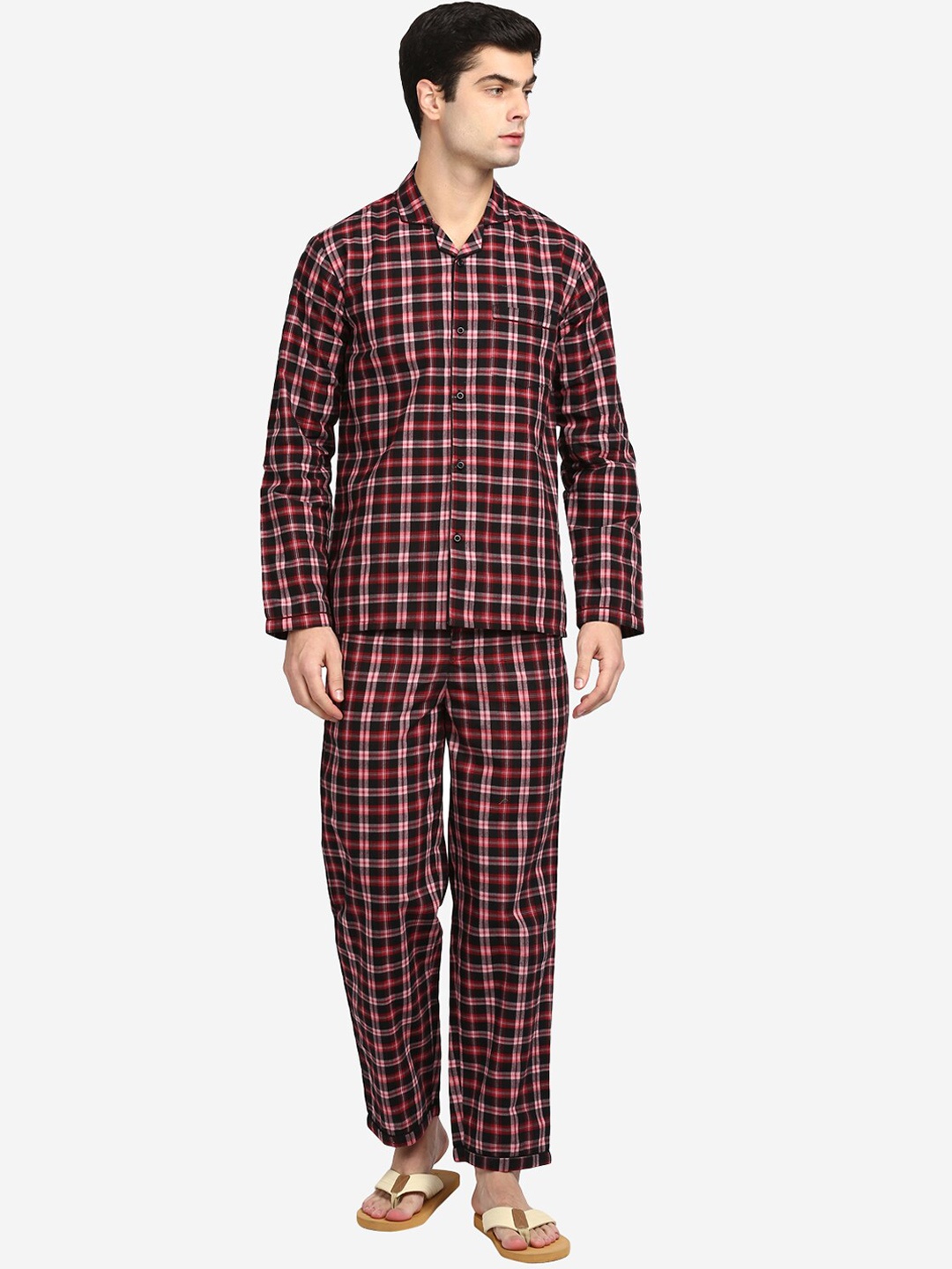 

shopbloom Men Maroon & Pink Checked Pure Cotton Night suit