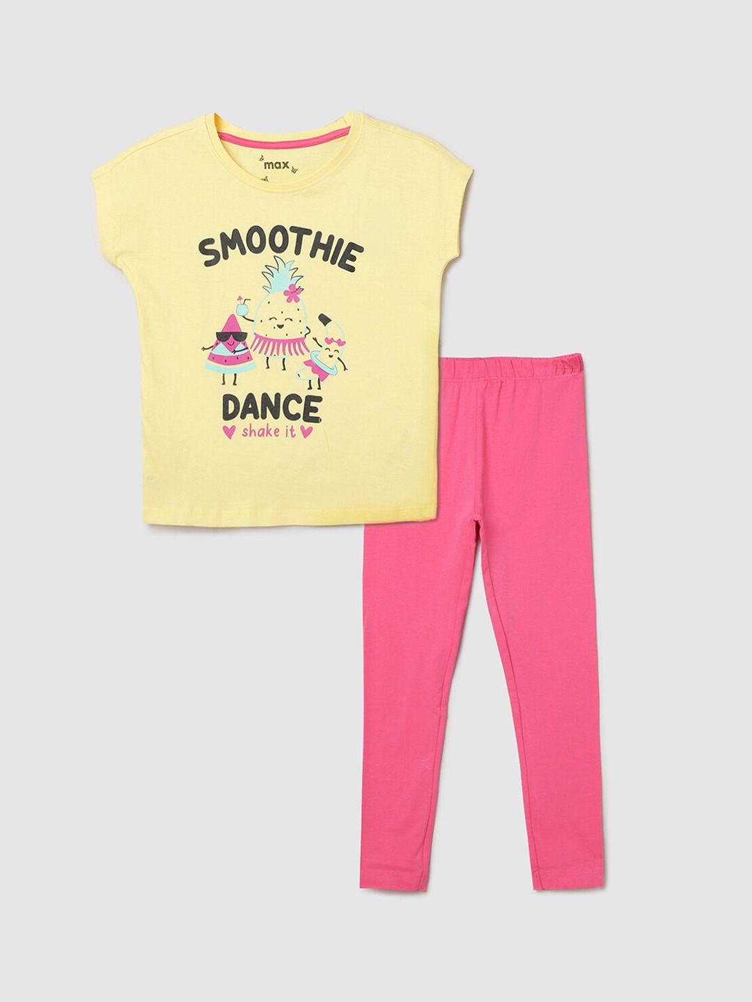 

max Girls Yellow & Pink Printed Pure Cotton Night suit