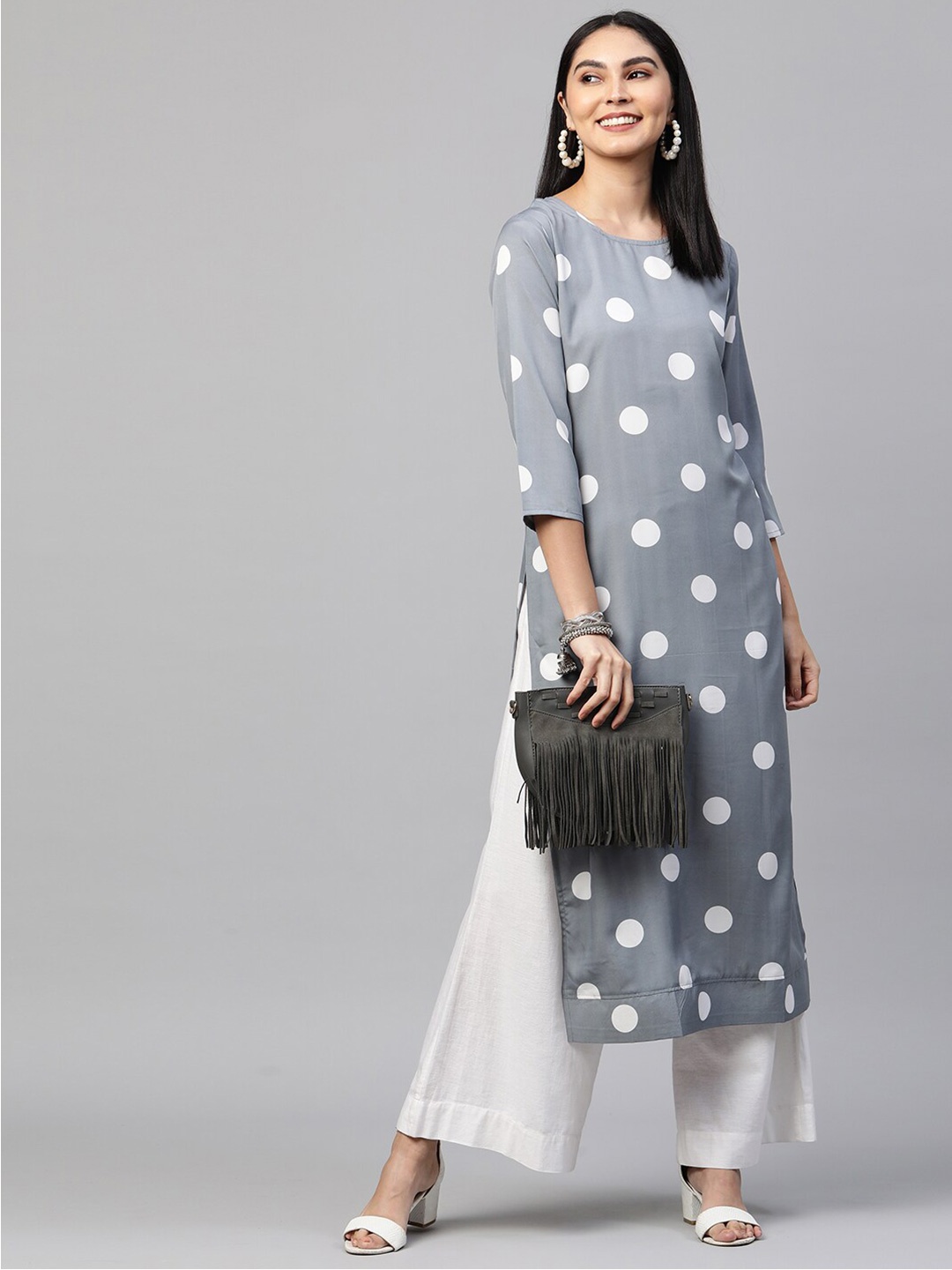 

KALINI Grey & White Printed Crepe Kurta