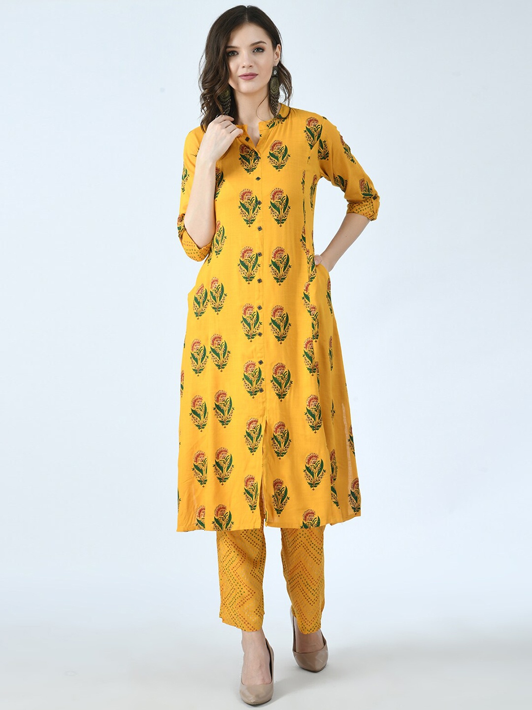 

KALINI Women Mustard Yellow Floral Printed Kurta with Trousers