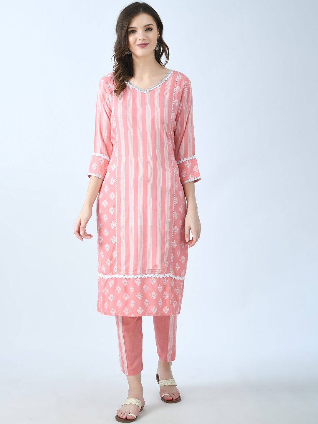 

KALINI Women Peach-Coloured Ethnic Motifs Printed Kurta with Trousers