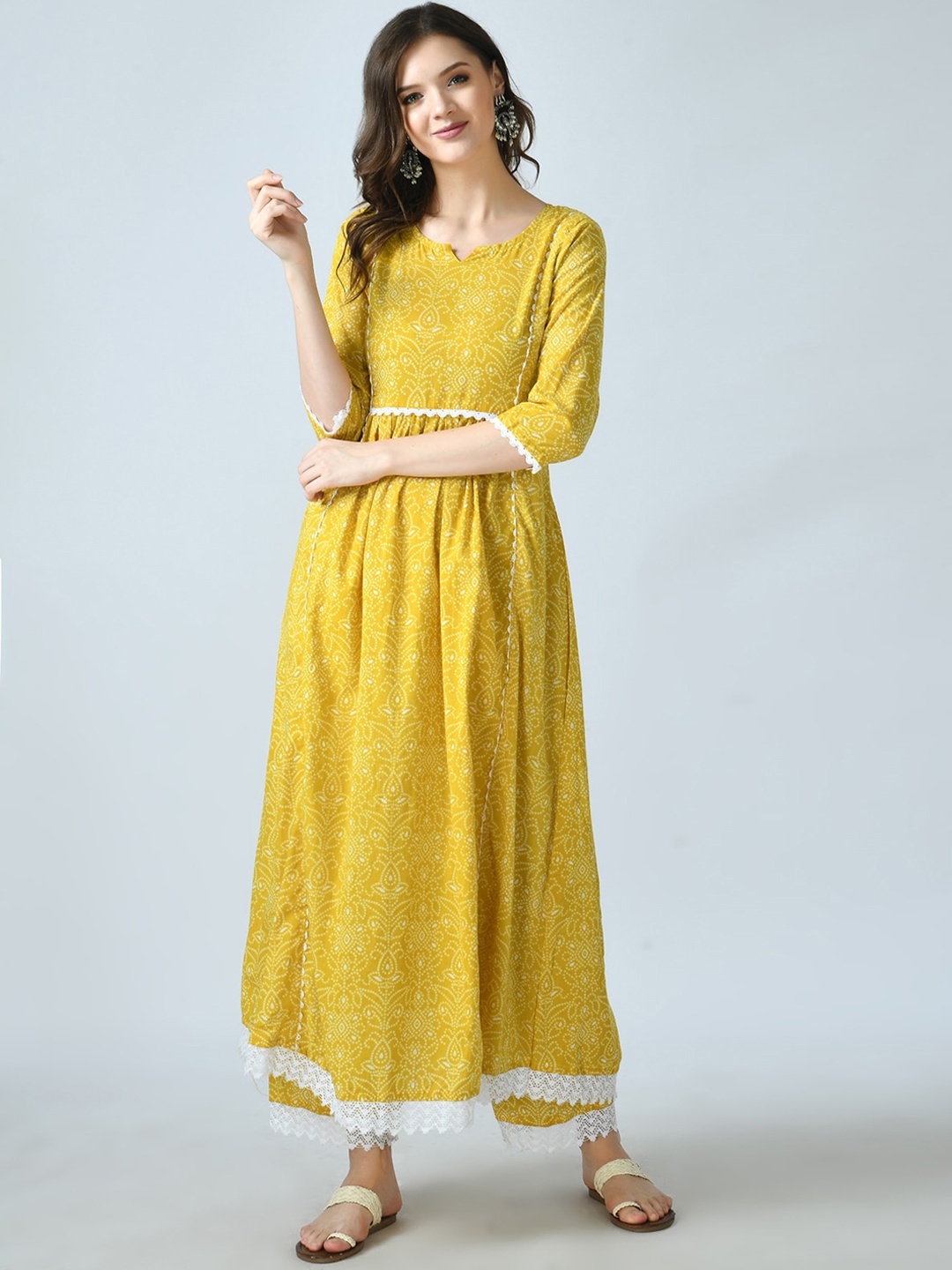 

KALINI Women Yellow Bandhani Printed Pleated Kurta with Trousers