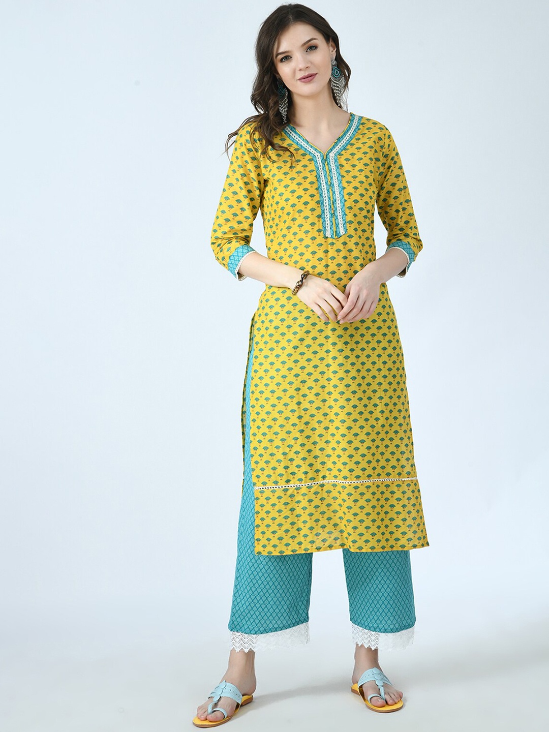 

KALINI Women Yellow Ethnic Motifs Printed Panelled Kurta with Trousers