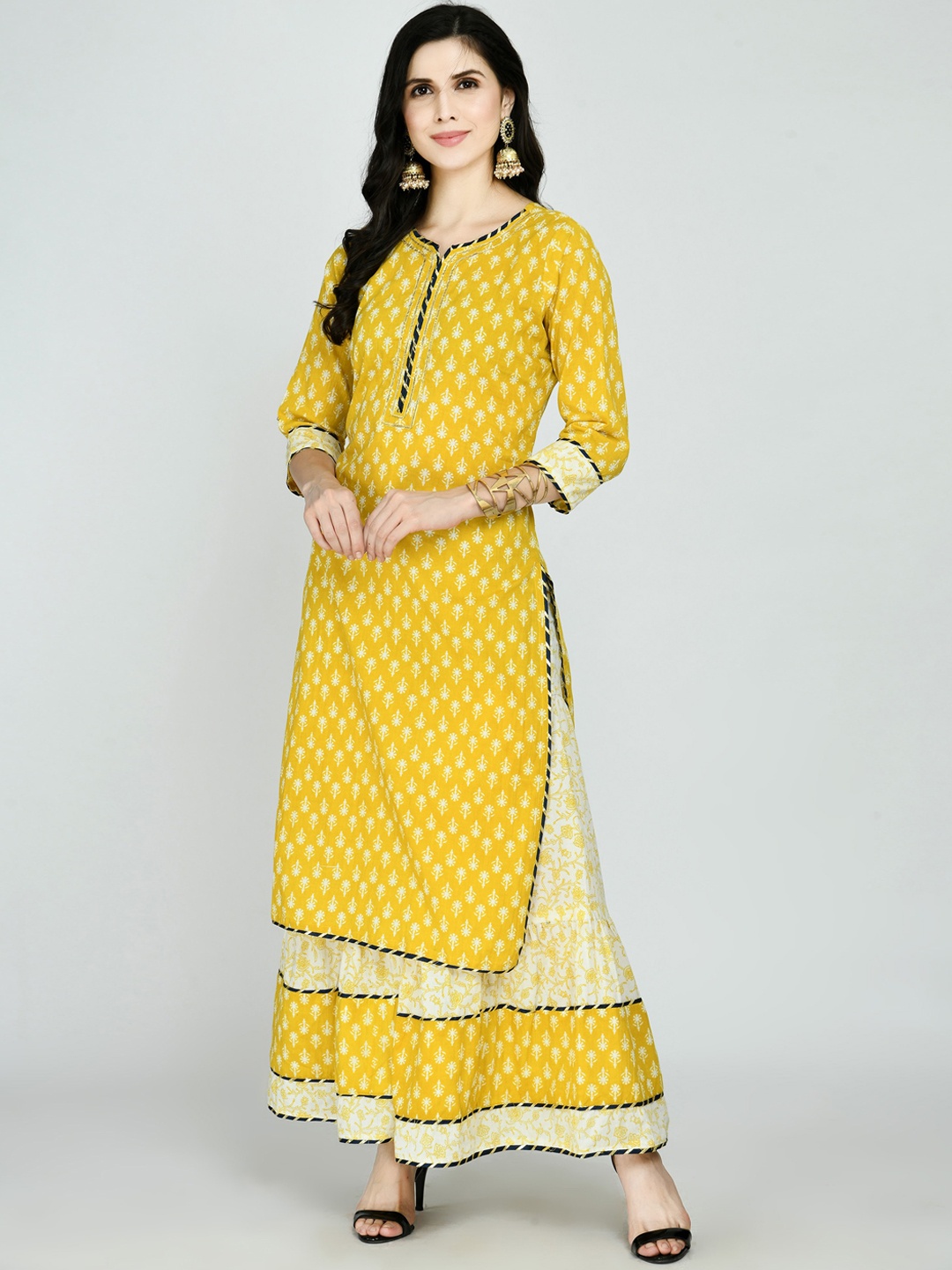 

KALINI Women Yellow Ethnic Motifs Printed Layered Kurti with Skirt