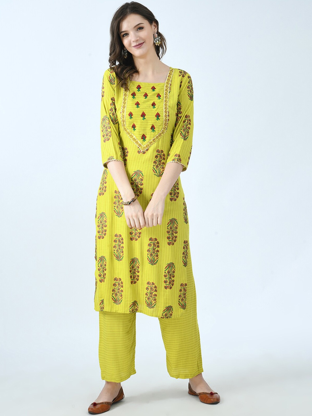 

KALINI Women Mustard Yellow & Red Floral Printed Kurta with Palazzos