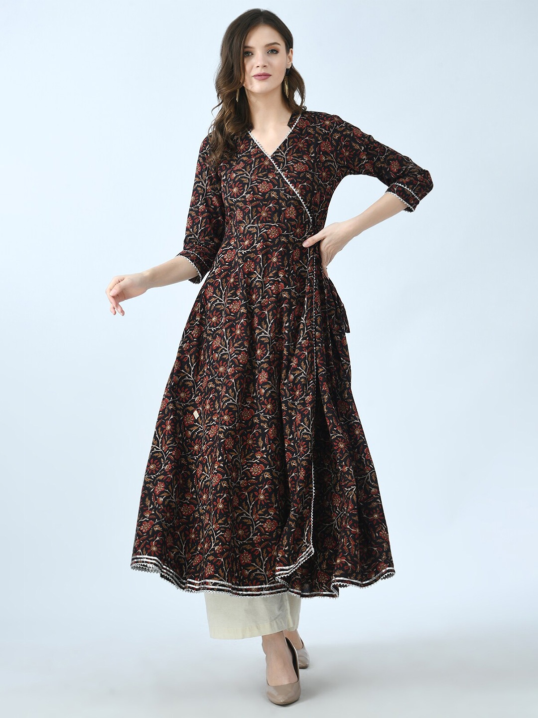 

KALINI Brown Floral Printed Gotta Patti Floral Anarkali Kurta