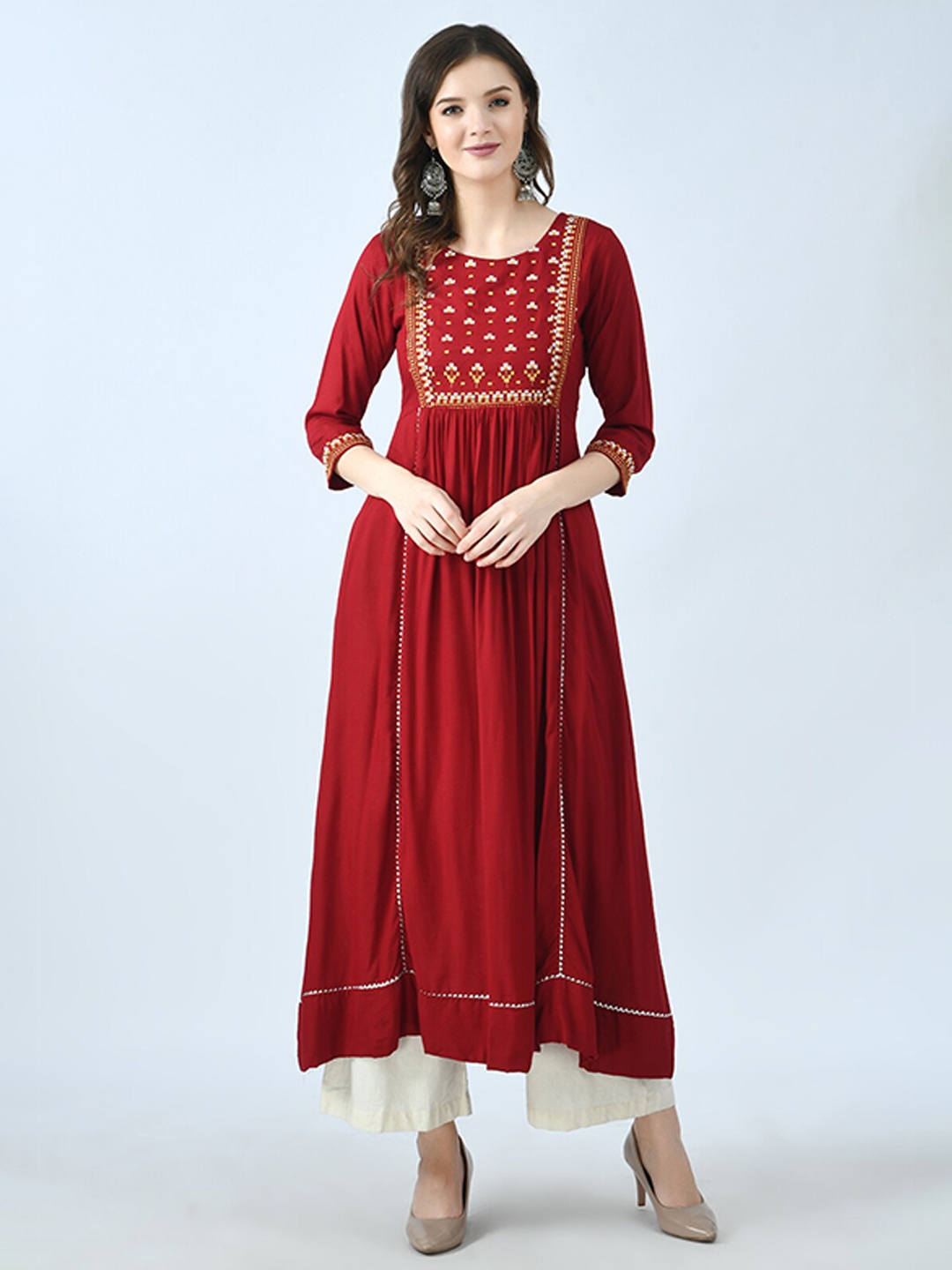 

KALINI Women Maroon Geometric Embroidered Anarkali Kurta