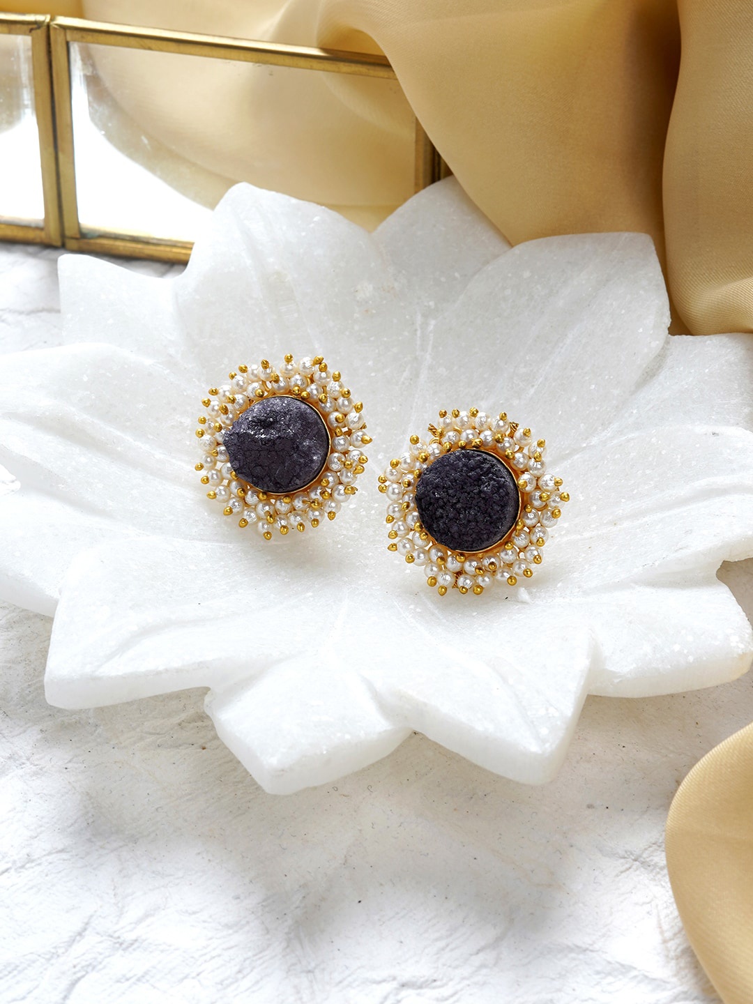 

TEEJH Gold-Plated Black & White Circular Studs Earrings