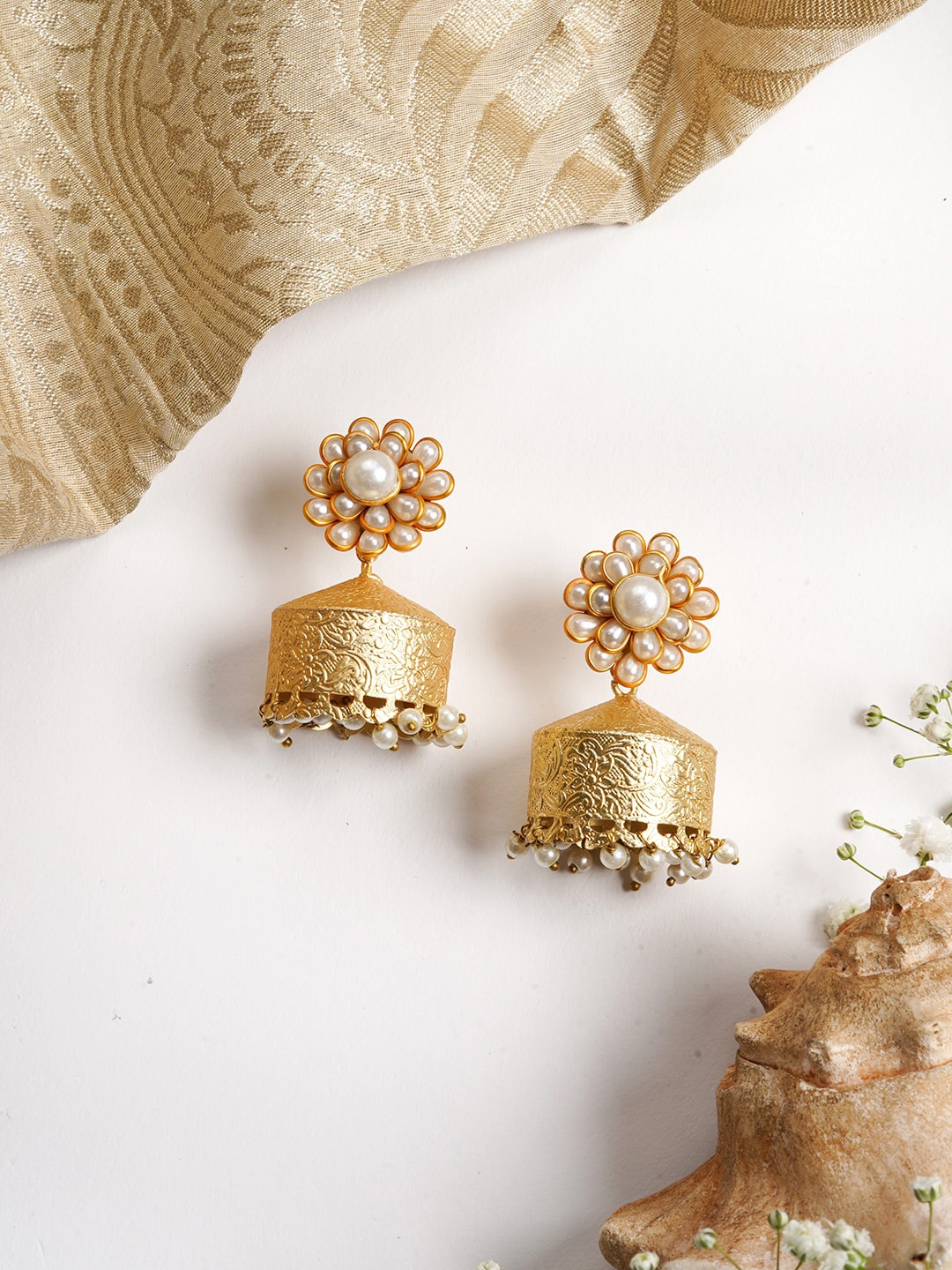 

TEEJH Gold-Plated White Beaded Dome Shaped Jhumkas Earrings