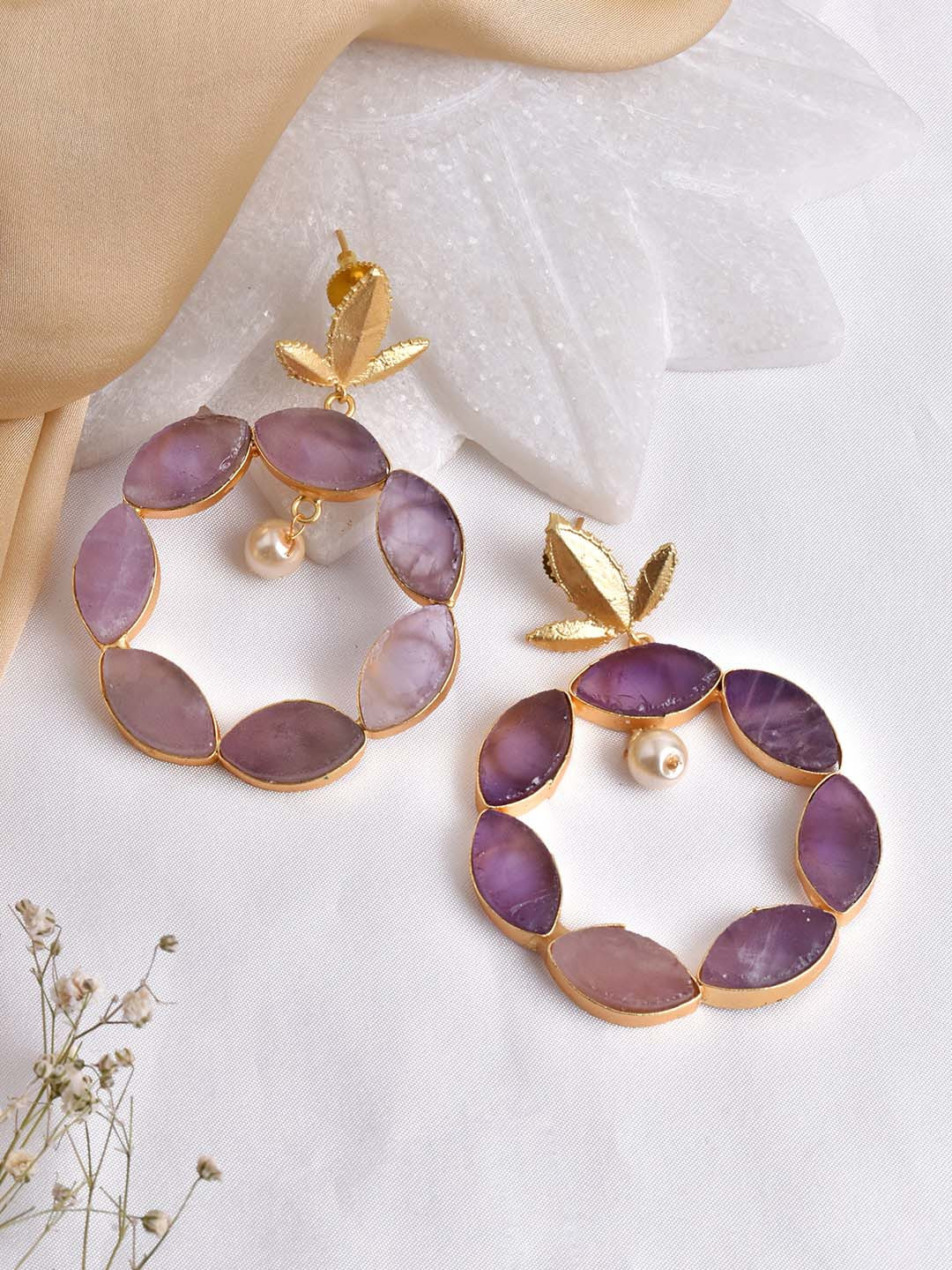 

TEEJH Gold-Plated Mauve Stoned Studded Contemporary Drop Earrings