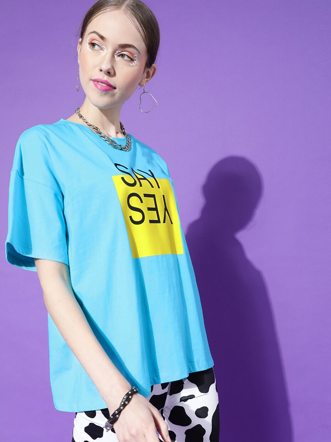 

STREET 9 Women Turquoise Blue Printed Drop-Shoulder Pure Cotton T-shirt