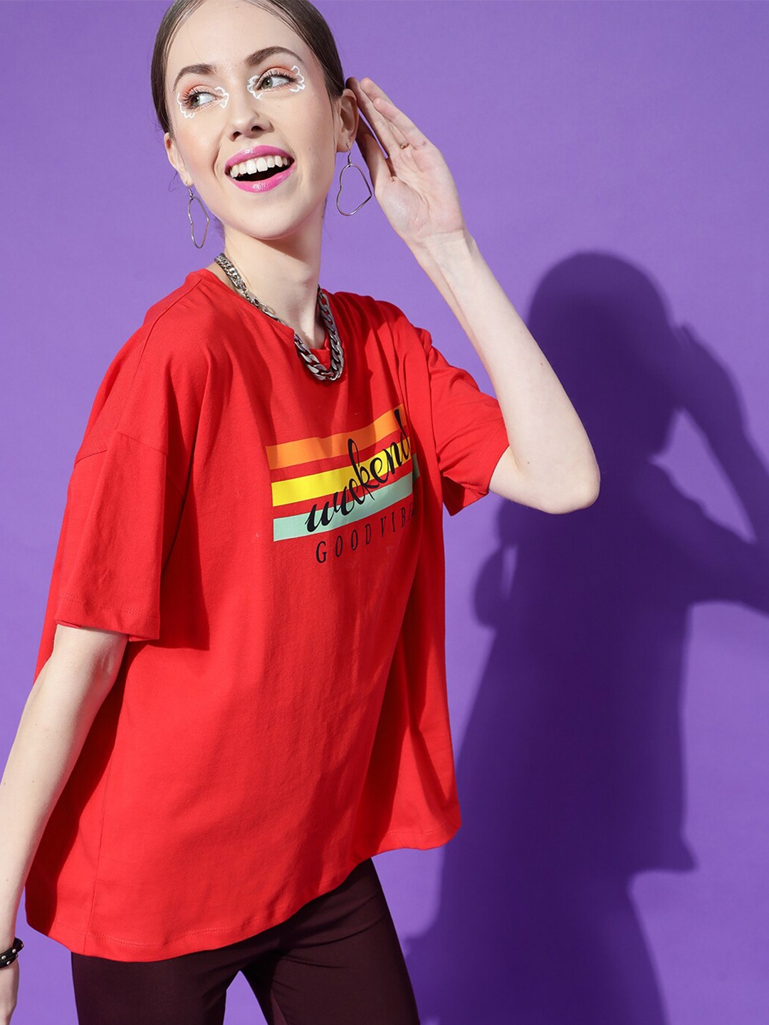 

STREET 9 Women Red Typography Printed Pure Cotton Outdoor T-shirt