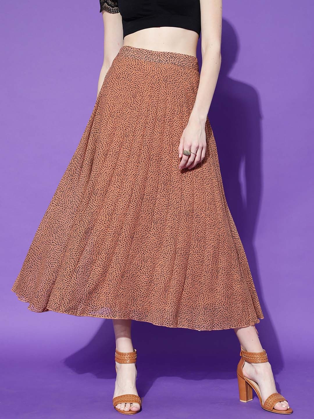 

STREET 9 Women Rust-Brown Printed Flared Midi Skirt