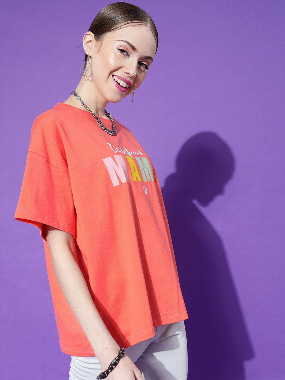 

STREET 9 Women Coral Typography Printed Oversized Cotton Outdoor T-shirt