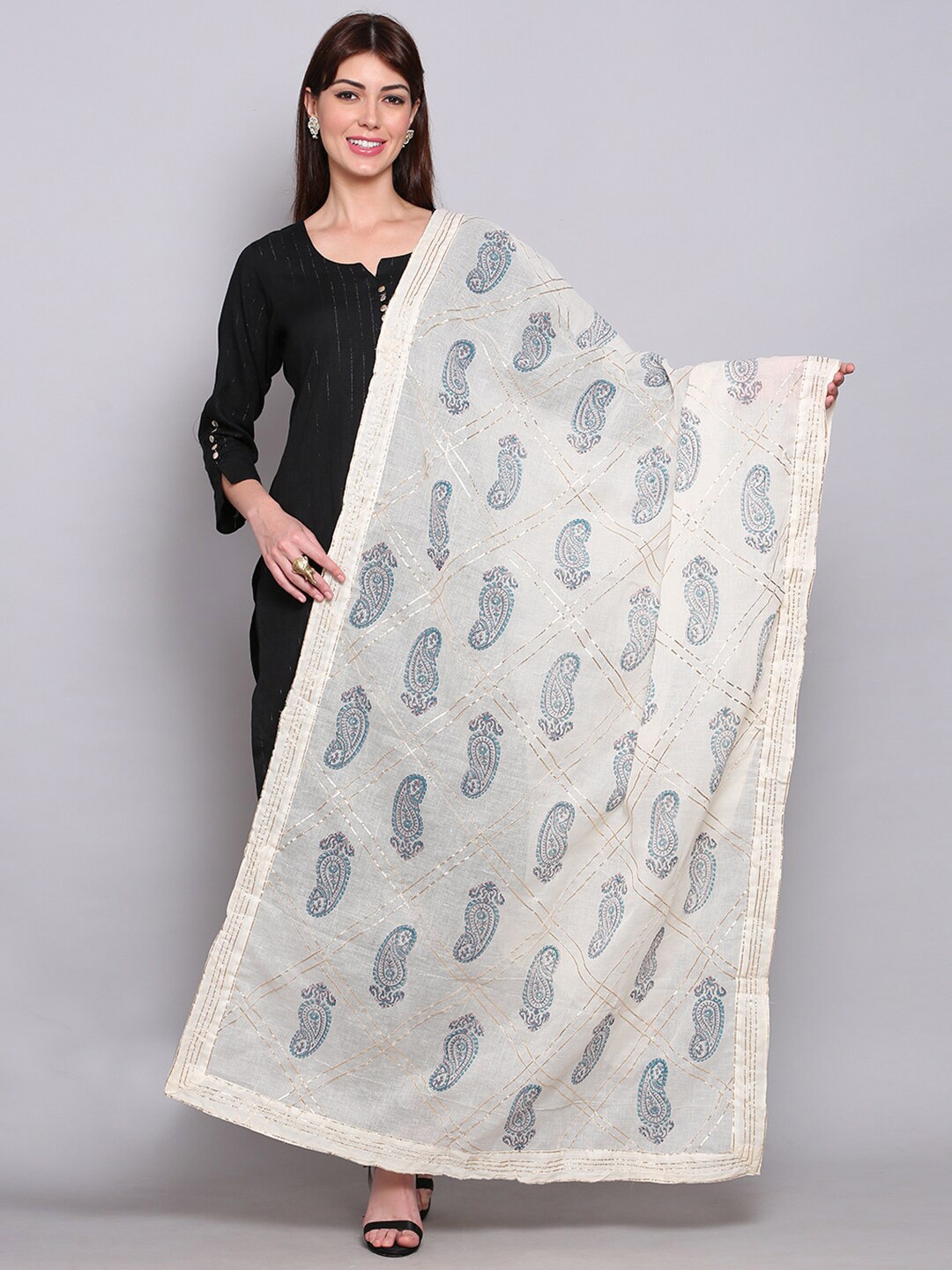 

Miaz Lifestyle Off White & Blue Ethnic Motifs Printed Pure Cotton Block Print Dupatta