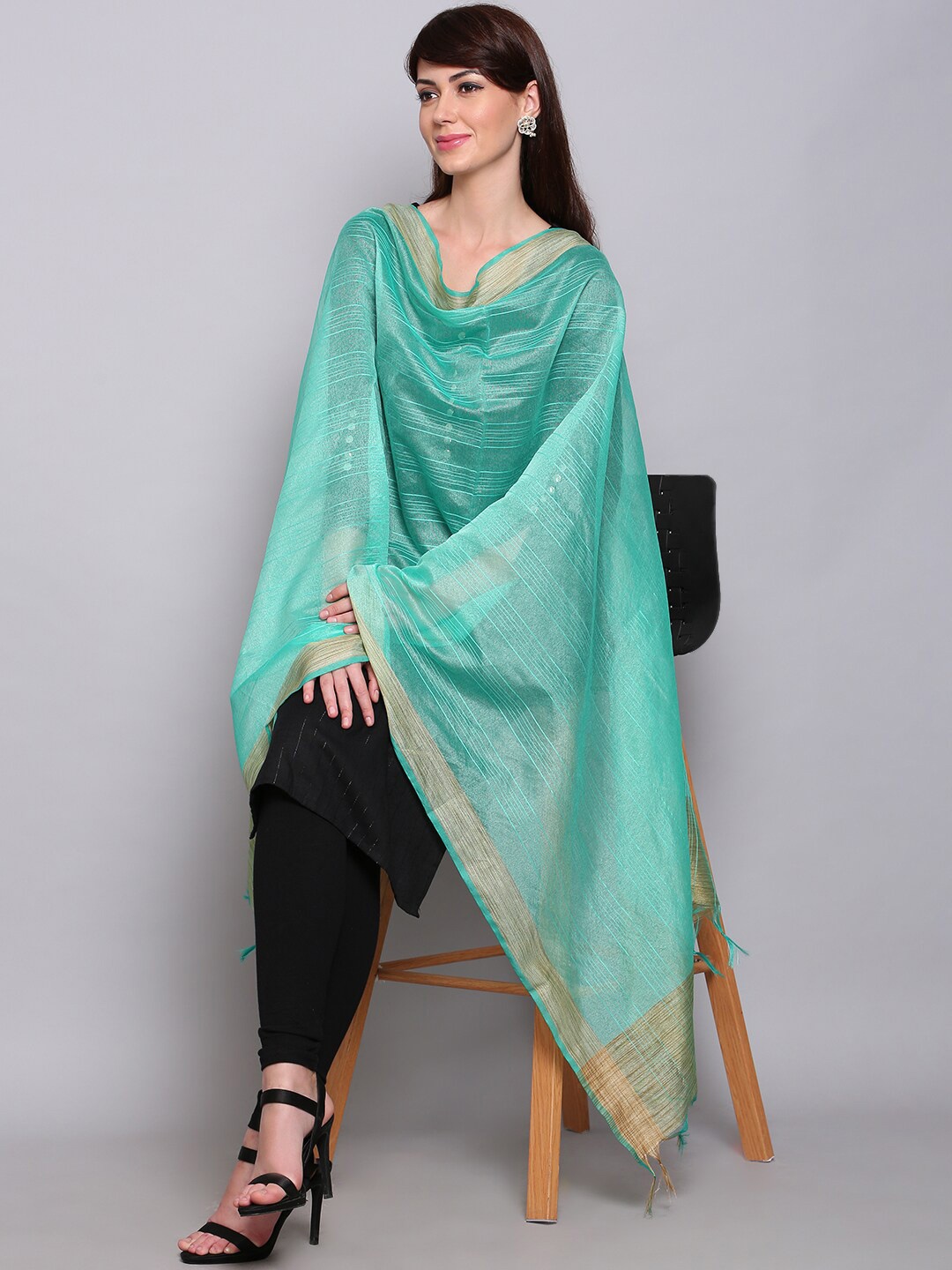 

Miaz Lifestyle Turquoise Blue & Gold-Toned Striped Chanderi Dupatta with Zari
