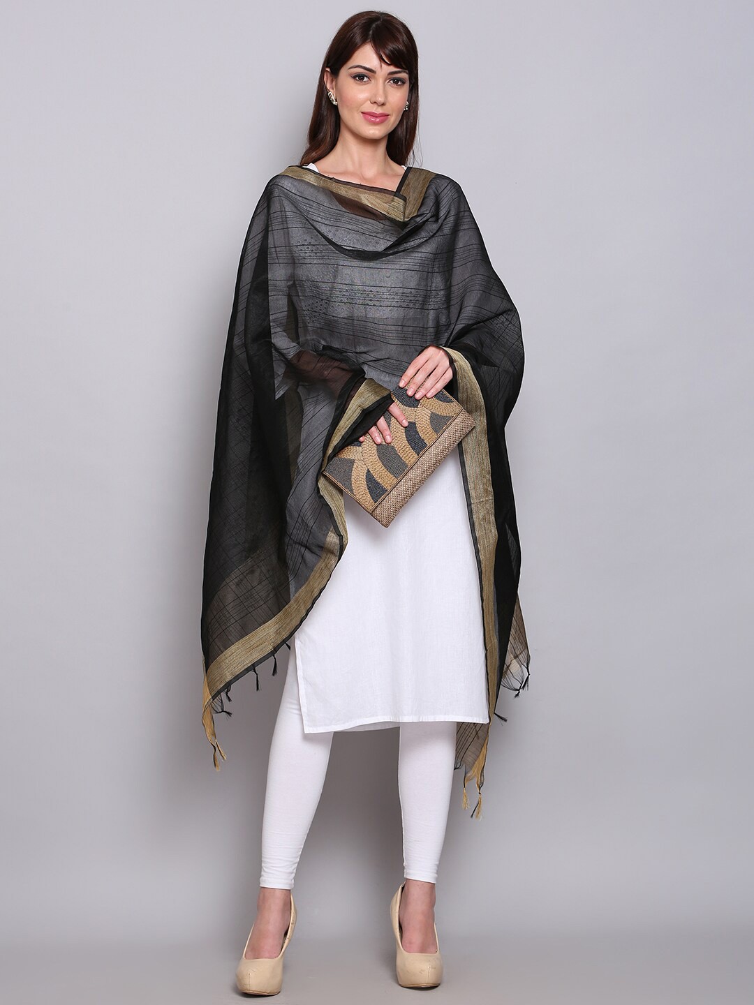 

Miaz Lifestyle Black & Gold-Toned Striped Art Silk Dupatta