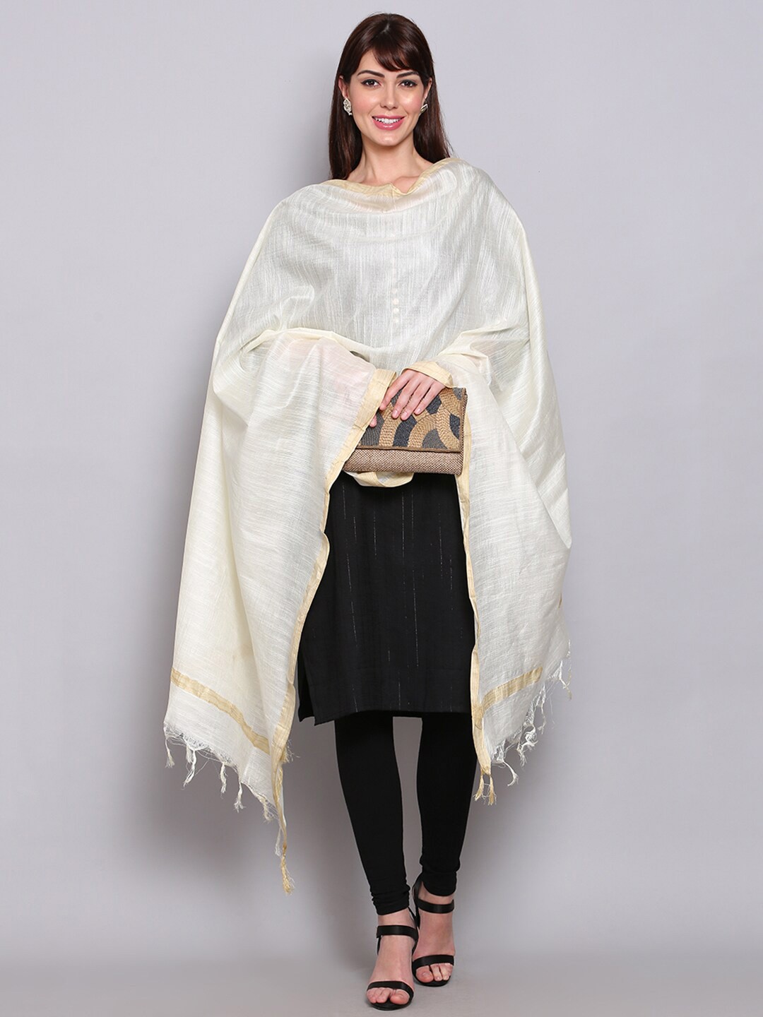 

Miaz Lifestyle Off White & Gold-Toned Pure Cotton Bandhani Dupatta