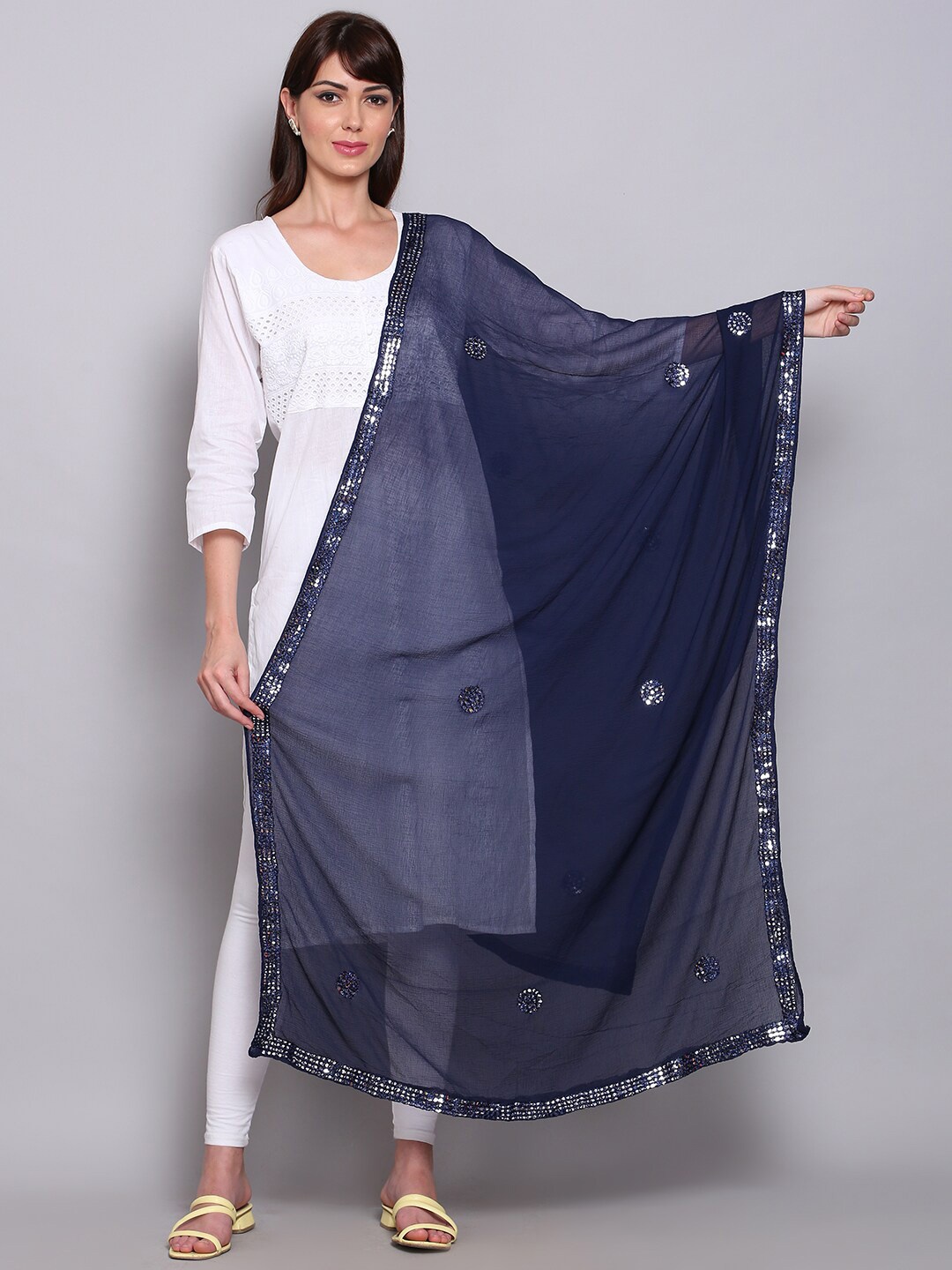 

Miaz Lifestyle Navy Blue Embroidered Dupatta with Mirror Work
