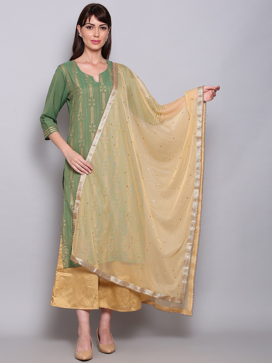

Miaz Lifestyle Beige & Gold-Toned Embellished Art Silk Dupatta With Beads and Stones